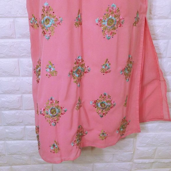 Vintage Kurta Sari Tunic Top sz-42 (M/L) Sheer Embellished Bling Glam Slits Pink - Picture 4 of 10